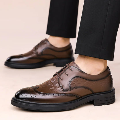 Men's Korean-Style Solid Cow Leather Brogue Shoes – Lace-Up, Height Increasing, Business Casual