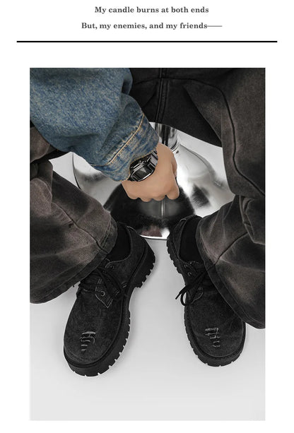 Men's Distressed Denim Derby Platform Boots – Chunky Grunge, Height Increasing, Streetwear Footwear