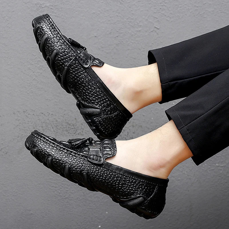 Luxury Genuine Leather Crocodile Style Loafers – Sheepskin Insole, Thick Bottom Driving Moccasins