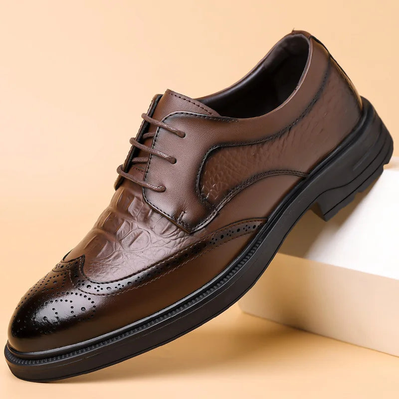 Men's Korean-Style Solid Cow Leather Brogue Shoes – Lace-Up, Height Increasing, Business Casual