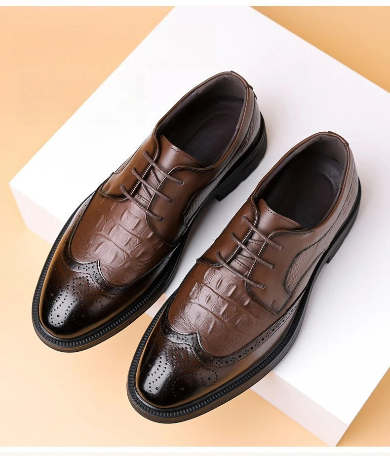 Men's Korean-Style Solid Cow Leather Brogue Shoes – Lace-Up, Height Increasing, Business Casual