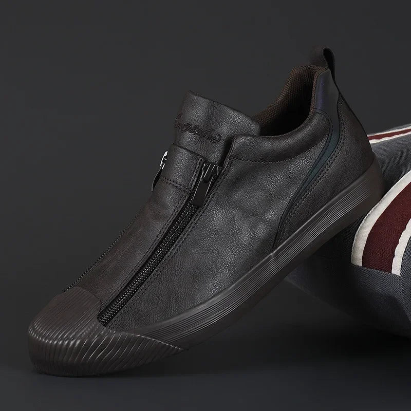 Men's Trendy PU Leather Soft Sole Casual Sneakers – Breathable, Height Increasing, Zip & Lace-Up