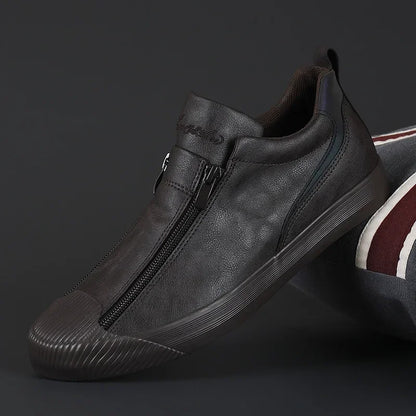 Men's Trendy PU Leather Soft Sole Casual Sneakers – Breathable, Height Increasing, Zip & Lace-Up