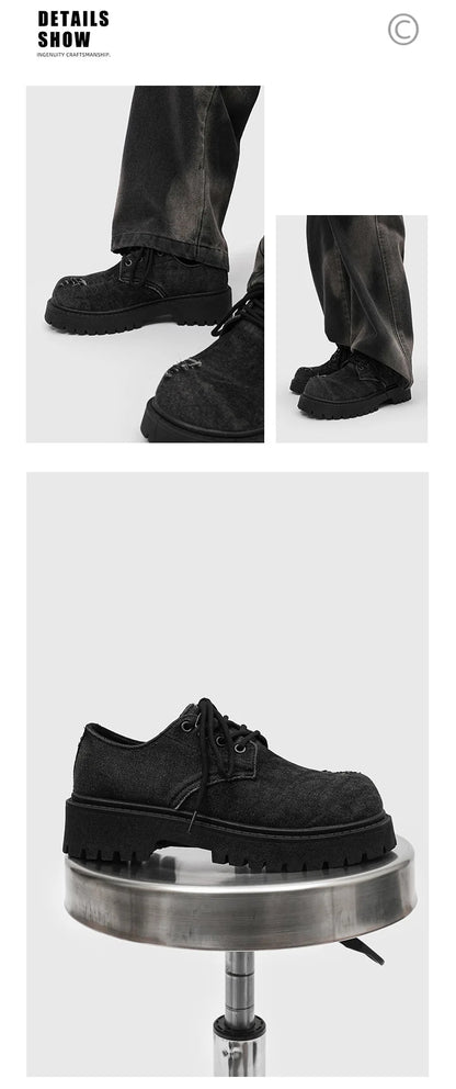 Men's Distressed Denim Derby Platform Boots – Chunky Grunge, Height Increasing, Streetwear Footwear