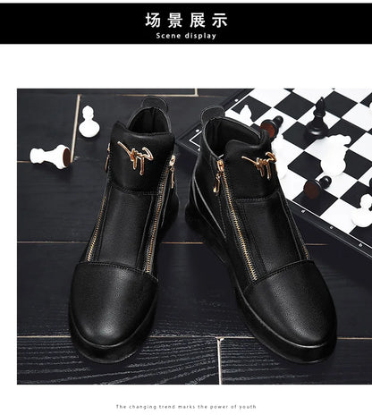 Men's High Top Zip Ankle Boots – Skateboard Style, Height Increasing, Korean Fashion Shoes