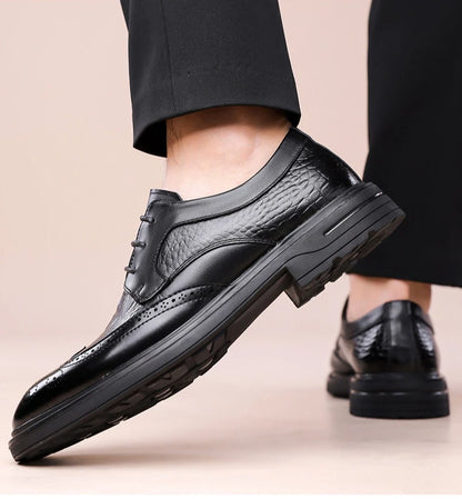 Men's Korean-Style Solid Cow Leather Brogue Shoes – Lace-Up, Height Increasing, Business Casual