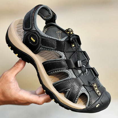 Men's Soft-Soled Leather Baotou Beach Sandals – Anti-Slip, Hollow Breathable, Casual Outdoor
