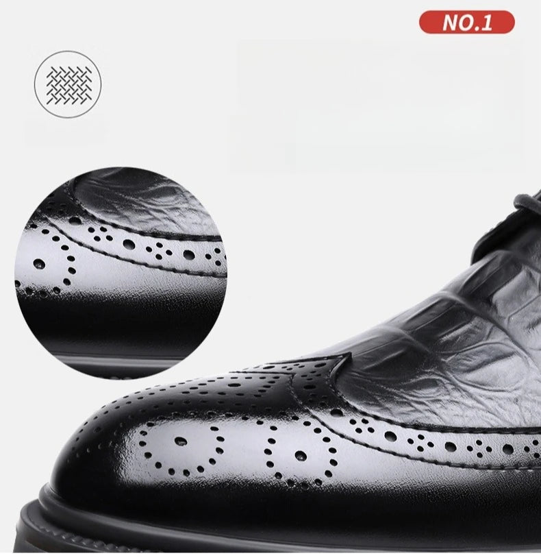 Men's Korean-Style Solid Cow Leather Brogue Shoes – Lace-Up, Height Increasing, Business Casual