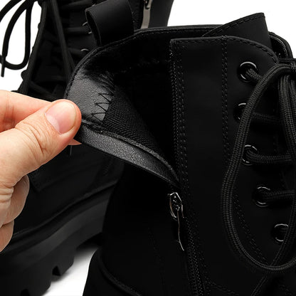 STRONGSHEN Men's High-Top Motorcycle Ankle Boots – Waterproof Split Leather, Fleece Lining, Platform Winter Boots