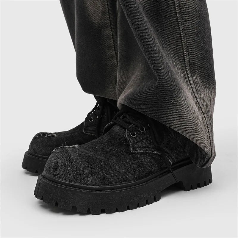 Men's Distressed Denim Derby Platform Boots – Chunky Grunge, Height Increasing, Streetwear Footwear