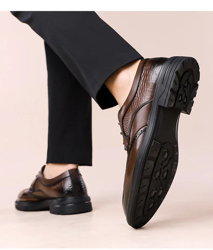 Men's Korean-Style Solid Cow Leather Brogue Shoes – Lace-Up, Height Increasing, Business Casual