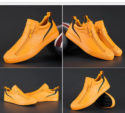 Men's Trendy PU Leather Soft Sole Casual Sneakers – Breathable, Height Increasing, Zip & Lace-Up