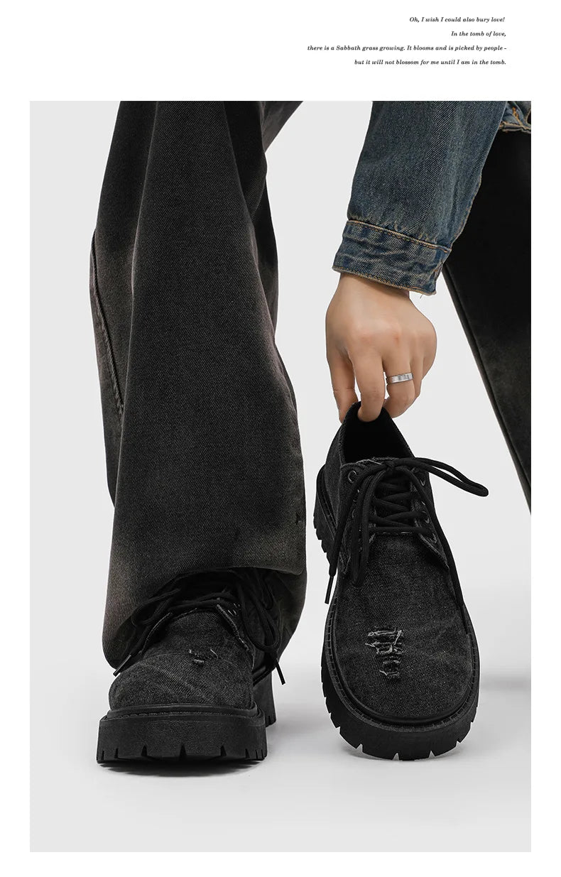 Men's Distressed Denim Derby Platform Boots – Chunky Grunge, Height Increasing, Streetwear Footwear