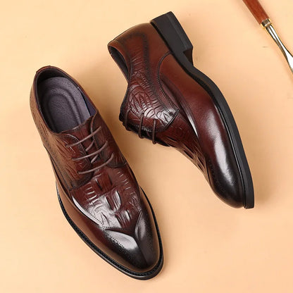 COW LEATHER Men Business Brocade Carving Leather Shoes Pointed Handmade Crocodile Pattern Fashion Business Dress Leather Shoes