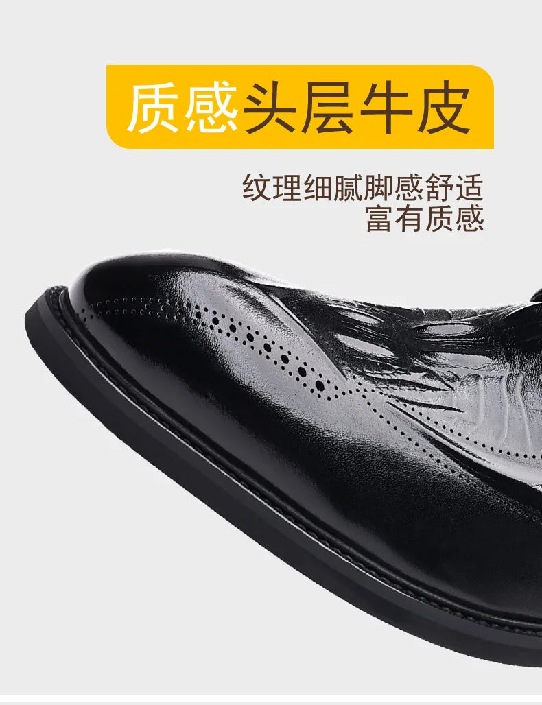Men's Genuine Cow Leather Derby Shoes – Crocodile Pattern, Pointed Toe