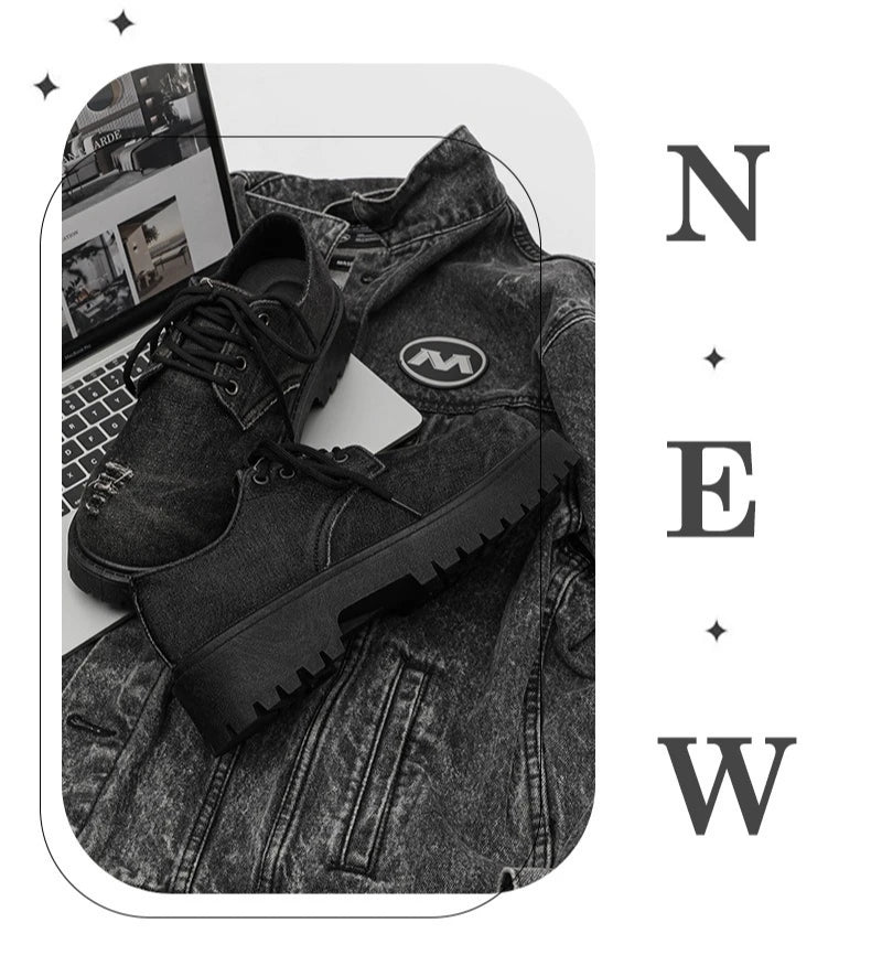 Men's Distressed Denim Derby Platform Boots – Chunky Grunge, Height Increasing, Streetwear Footwear