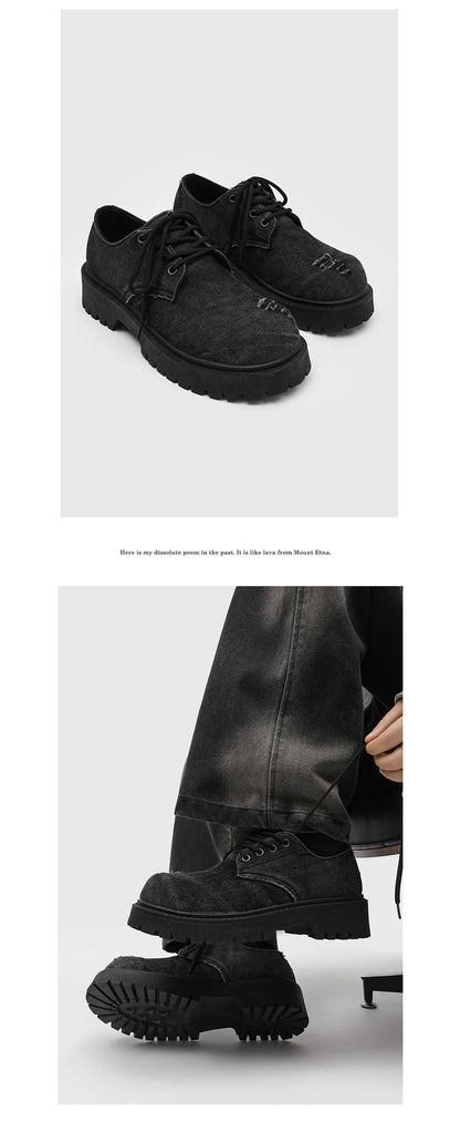 Men's Distressed Denim Derby Platform Boots – Chunky Grunge, Height Increasing, Streetwear Footwear