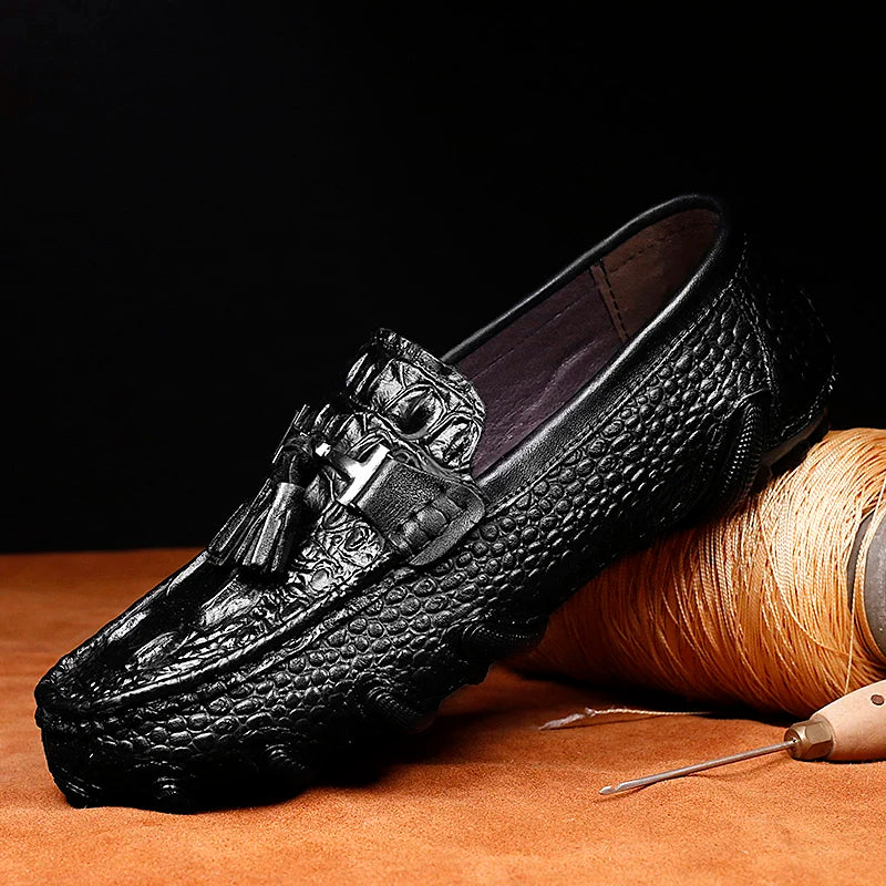 Luxury Genuine Leather Crocodile Style Loafers – Sheepskin Insole, Thick Bottom Driving Moccasins