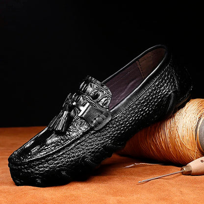 Luxury Genuine Leather Crocodile Style Loafers – Sheepskin Insole, Thick Bottom Driving Moccasins