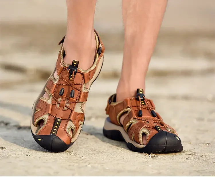 Men's Soft-Soled Leather Baotou Beach Sandals – Anti-Slip, Hollow Breathable, Casual Outdoor