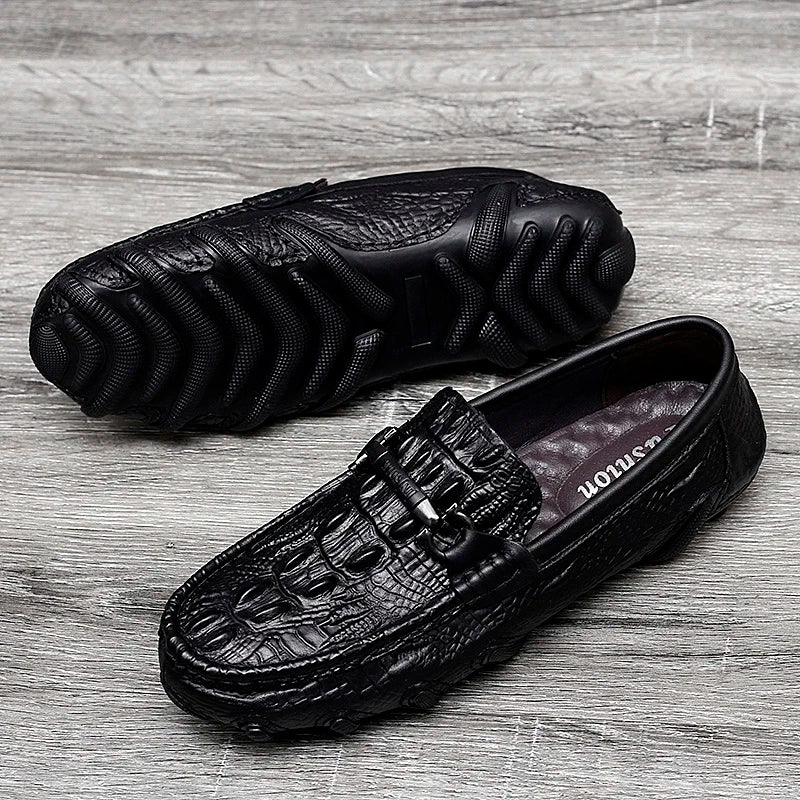Luxury Genuine Leather Crocodile Style Loafers – Sheepskin Insole, Thick Bottom Driving Moccasins