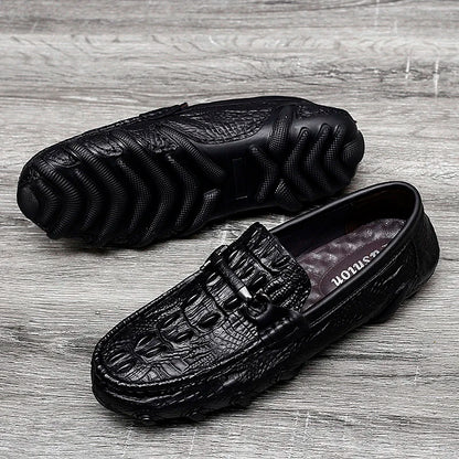 Luxury Genuine Leather Crocodile Style Loafers – Sheepskin Insole, Thick Bottom Driving Moccasins