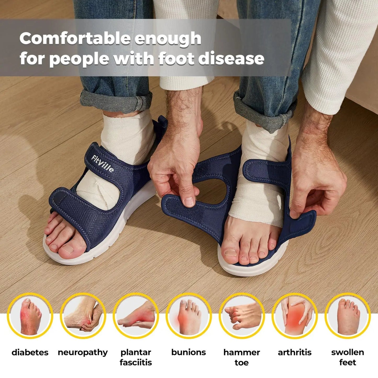 FitVille Men's Wide Diabetic Recovery Sandals – Arch Support, Breathable, Adjustable Beach Shoes