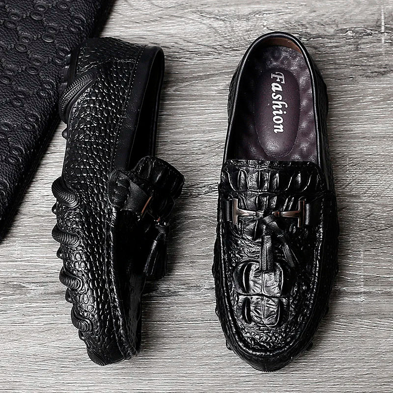 Luxury Genuine Leather Crocodile Style Loafers – Sheepskin Insole, Thick Bottom Driving Moccasins