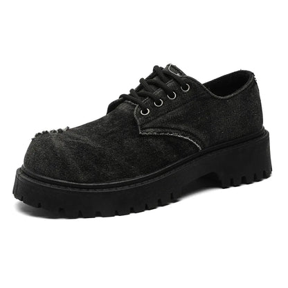Men's Distressed Denim Derby Platform Boots – Chunky Grunge, Height Increasing, Streetwear Footwear