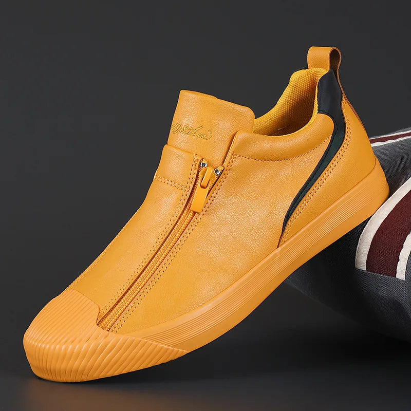 Men's Trendy PU Leather Soft Sole Casual Sneakers – Breathable, Height Increasing, Zip & Lace-Up