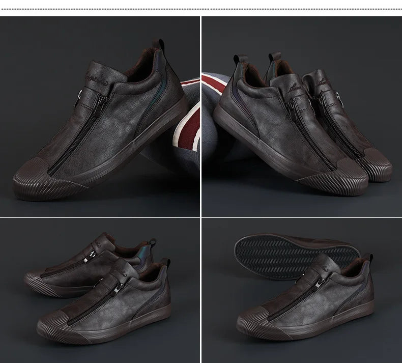 Men's Trendy PU Leather Soft Sole Casual Sneakers – Breathable, Height Increasing, Zip & Lace-Up