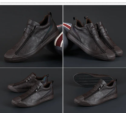 Men's Trendy PU Leather Soft Sole Casual Sneakers – Breathable, Height Increasing, Zip & Lace-Up