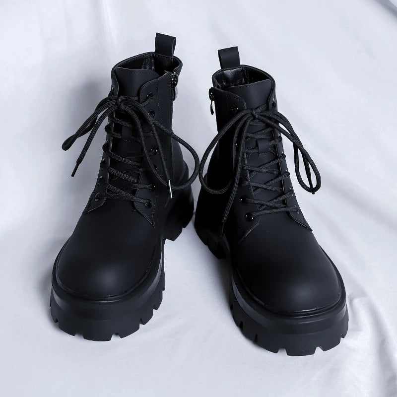 STRONGSHEN Men's High-Top Motorcycle Ankle Boots – Waterproof Split Leather, Fleece Lining, Platform Winter Boots