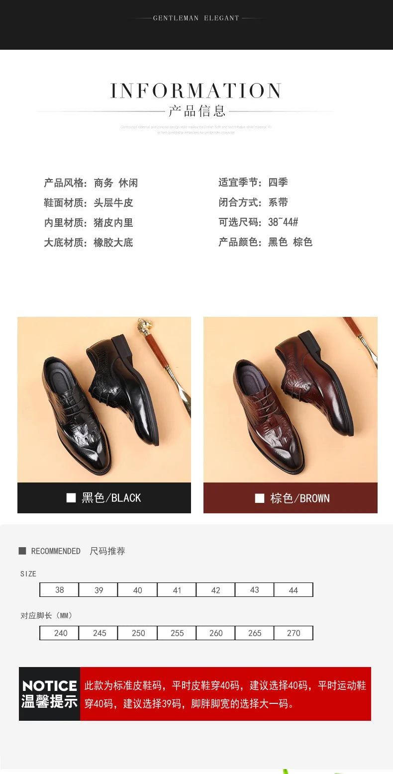 COW LEATHER Men Business Brocade Carving Leather Shoes Pointed Handmade Crocodile Pattern Fashion Business Dress Leather Shoes