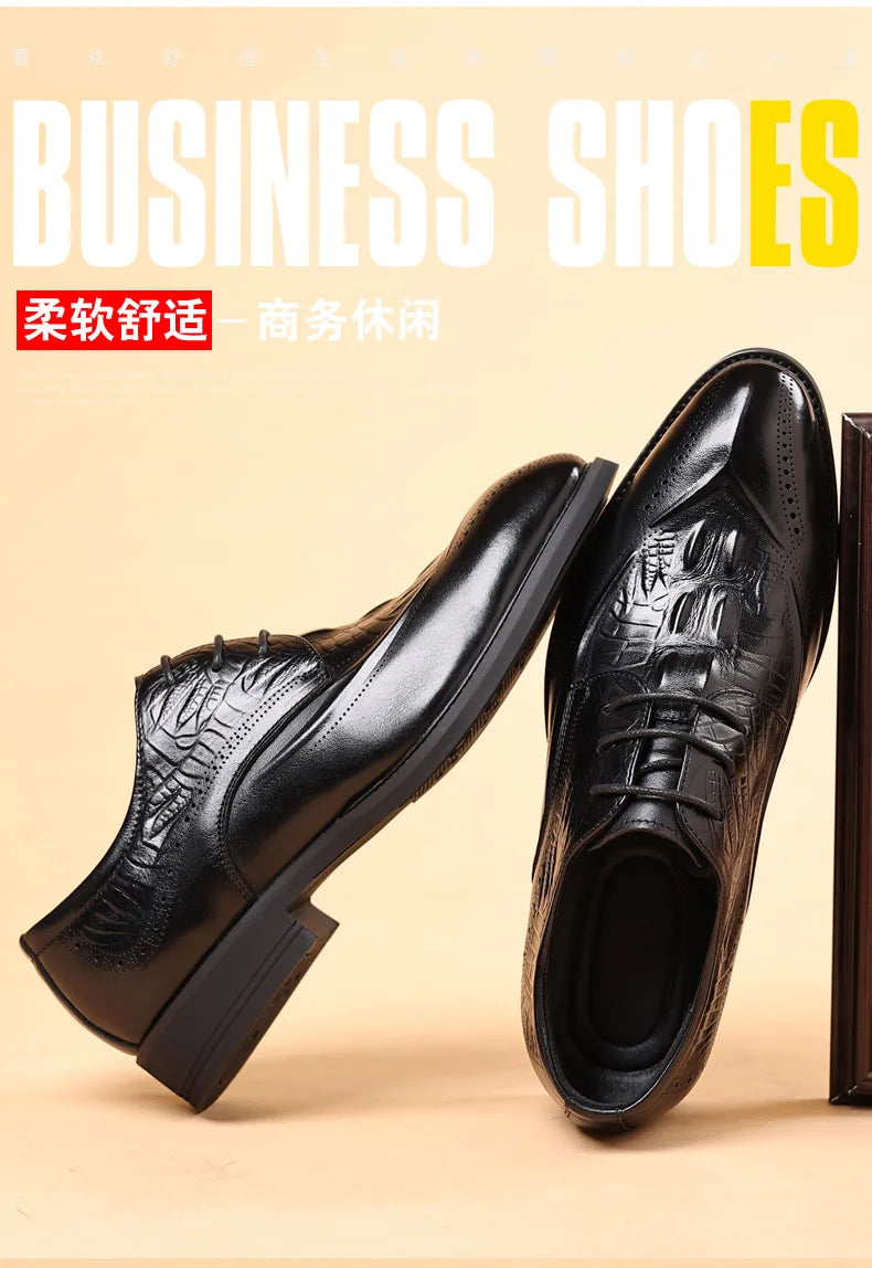Men's Genuine Cow Leather Derby Shoes – Crocodile Pattern, Pointed Toe