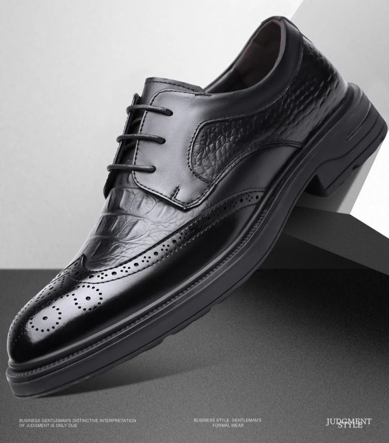 Men's Korean-Style Solid Cow Leather Brogue Shoes – Lace-Up, Height Increasing, Business Casual