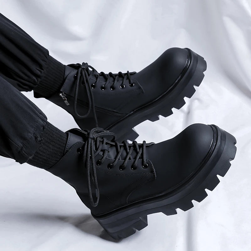 STRONGSHEN Men's High-Top Motorcycle Ankle Boots – Waterproof Split Leather, Fleece Lining, Platform Winter Boots