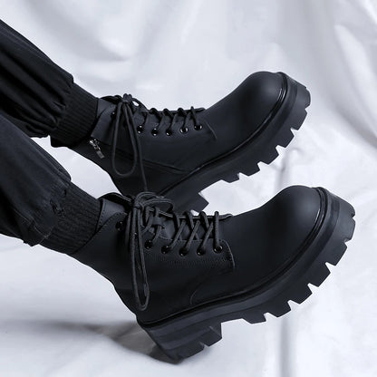 STRONGSHEN Men's High-Top Motorcycle Ankle Boots – Waterproof Split Leather, Fleece Lining, Platform Winter Boots