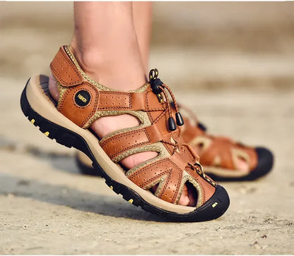 Men's Soft-Soled Leather Baotou Beach Sandals – Anti-Slip, Hollow Breathable, Casual Outdoor