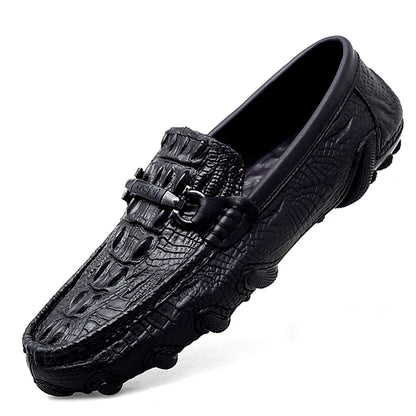 Luxury Genuine Leather Crocodile Style Loafers – Sheepskin Insole, Thick Bottom Driving Moccasins