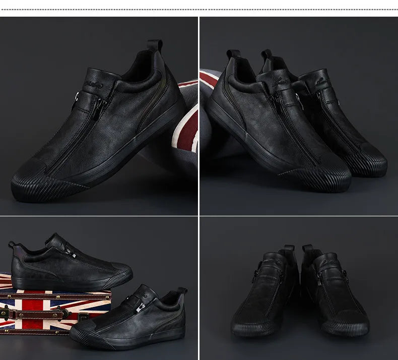 Men's Trendy PU Leather Soft Sole Casual Sneakers – Breathable, Height Increasing, Zip & Lace-Up