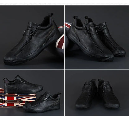 Men's Trendy PU Leather Soft Sole Casual Sneakers – Breathable, Height Increasing, Zip & Lace-Up