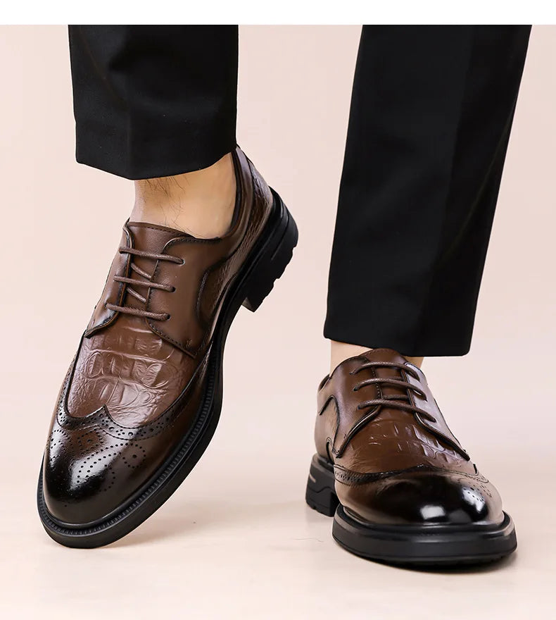 Men's Korean-Style Solid Cow Leather Brogue Shoes – Lace-Up, Height Increasing, Business Casual