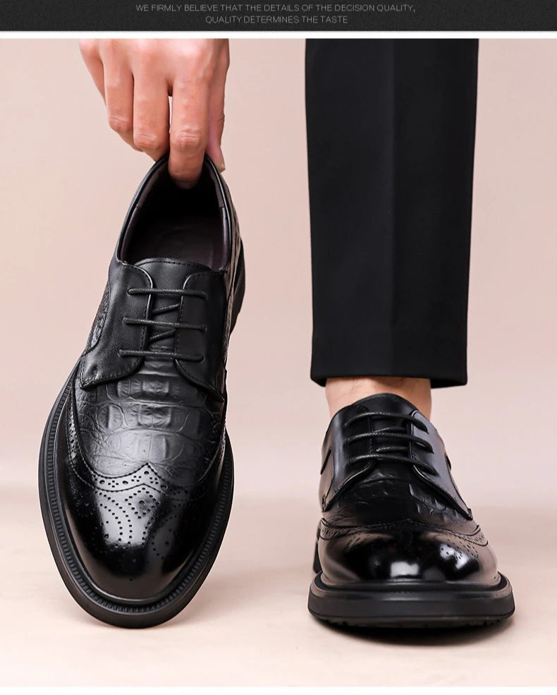 Men's Korean-Style Solid Cow Leather Brogue Shoes – Lace-Up, Height Increasing, Business Casual