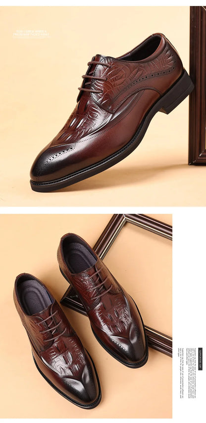 COW LEATHER Men Business Brocade Carving Leather Shoes Pointed Handmade Crocodile Pattern Fashion Business Dress Leather Shoes