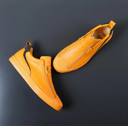 Men's Trendy PU Leather Soft Sole Casual Sneakers – Breathable, Height Increasing, Zip & Lace-Up