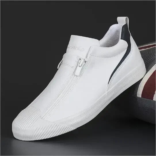 Men's Trendy PU Leather Soft Sole Casual Sneakers – Breathable, Height Increasing, Zip & Lace-Up