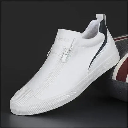 Men's Trendy PU Leather Soft Sole Casual Sneakers – Breathable, Height Increasing, Zip & Lace-Up