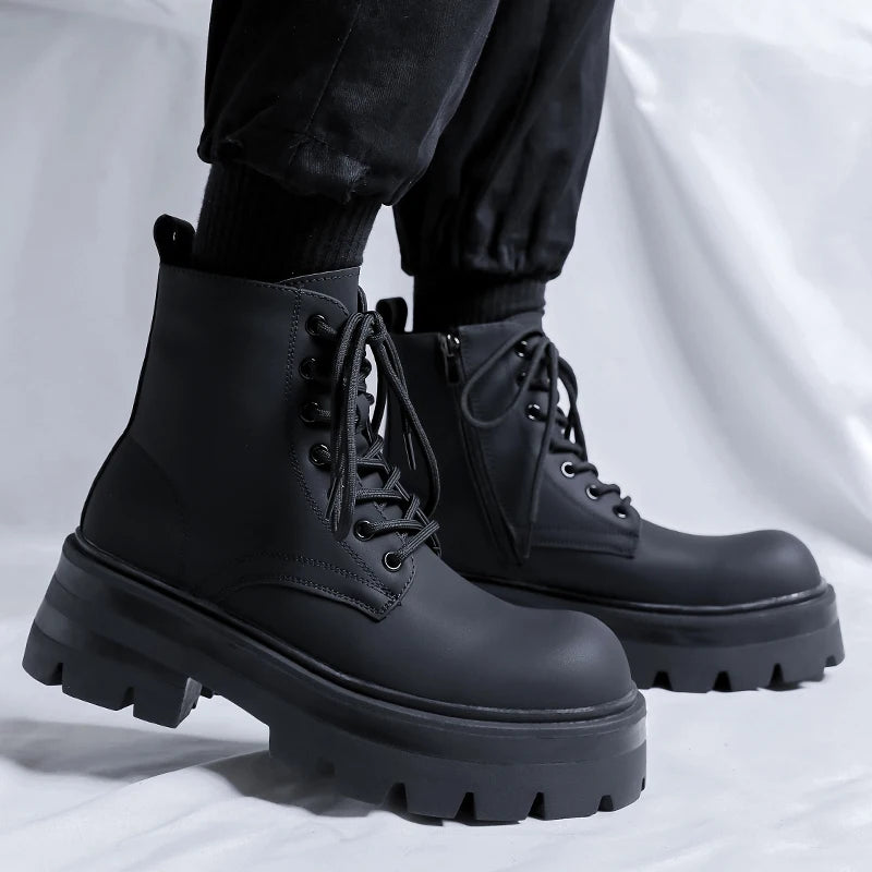 STRONGSHEN Men's High-Top Motorcycle Ankle Boots – Waterproof Split Leather, Fleece Lining, Platform Winter Boots