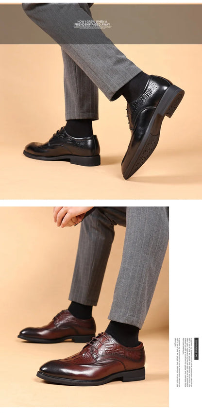 Men's Genuine Cow Leather Derby Shoes – Crocodile Pattern, Pointed Toe